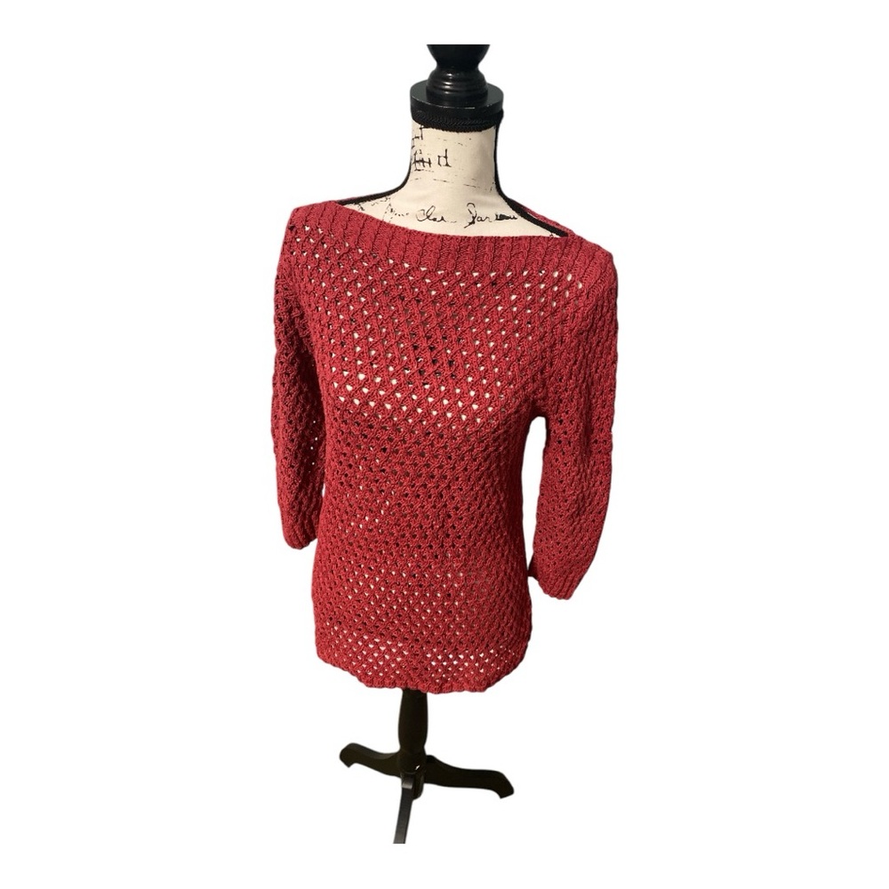 Burgundy Linen Cotton Open Knit Boatneck Fall Sweater Lauren Ralph Lauren M